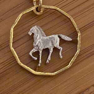 Prancing Horse pendant and Necklace, Uruguay 10 Cents Coin Hand Cut